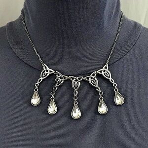 Elven 5 Celtic Knots with Dangling Crystal Teardrops Handmade Silver Necklace